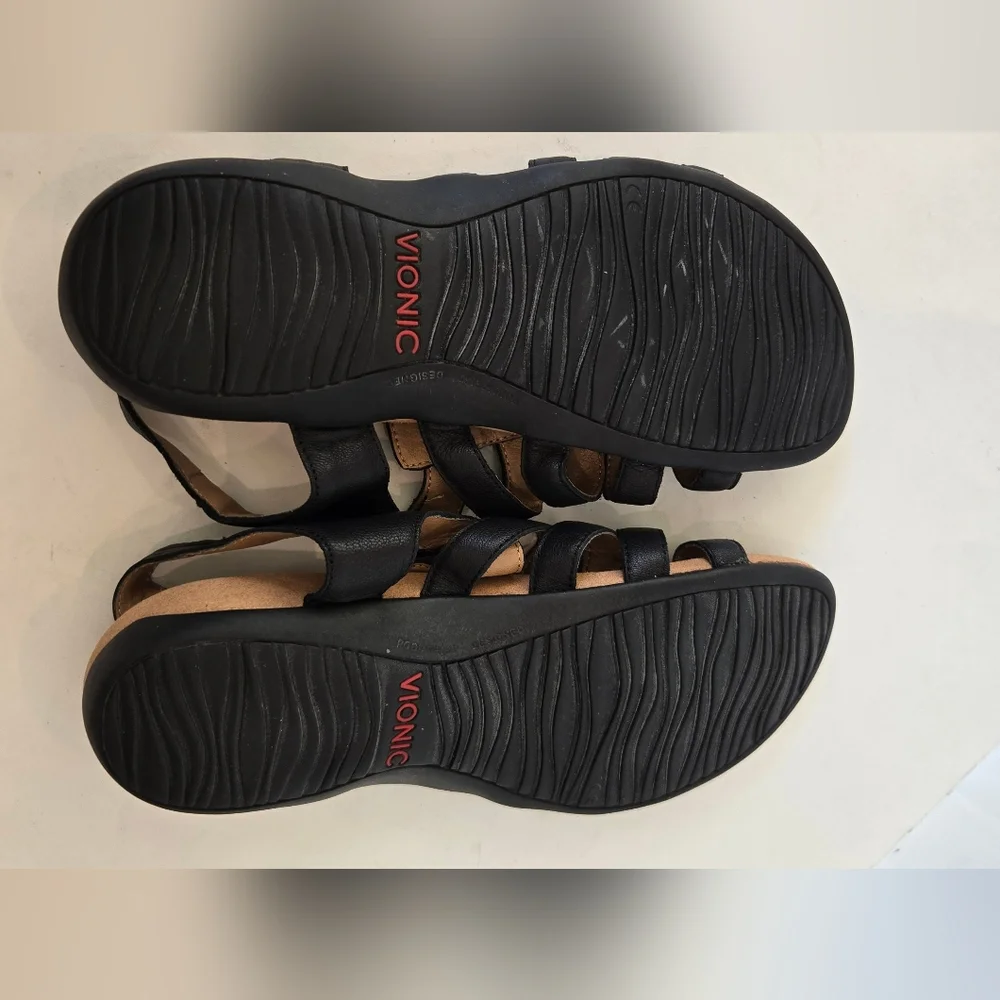 Vionic Black Genuine Leather Comfort Strappy Sandals